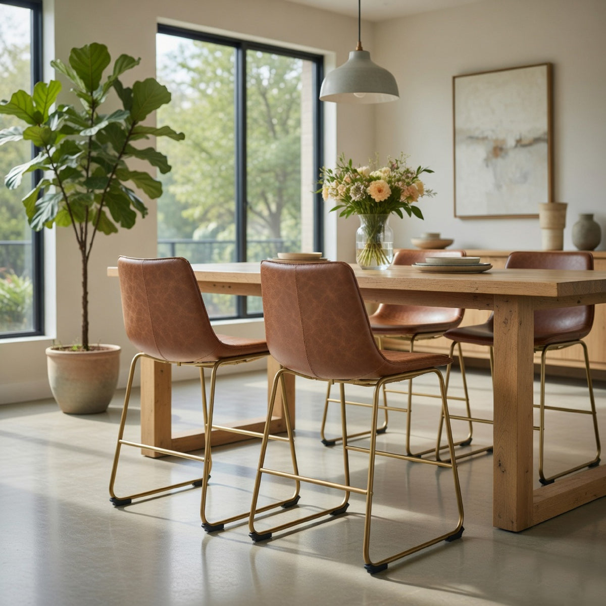 Cia Dining Side Chair Set of 2, Brown Faux Leather, Metal Frame Gold  - BM352179