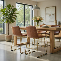 Cia Dining Side Chair Set of 2, Brown Faux Leather, Metal Frame Gold  - BM352179