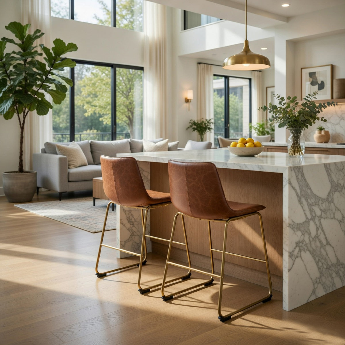 Cia Dining Side Chair Set of 2, Brown Faux Leather, Metal Frame Gold  - BM352179