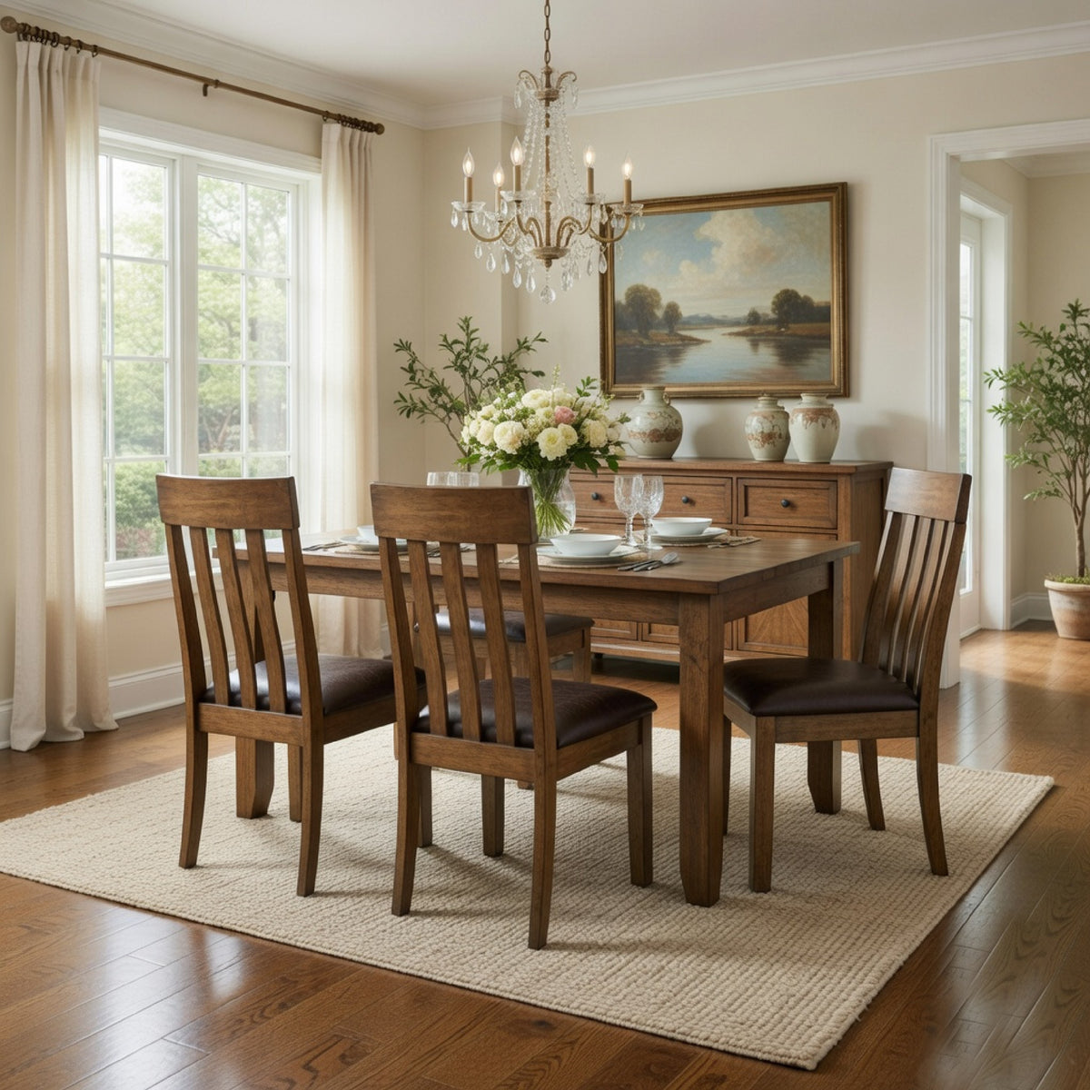 Fori Dining Side Chair Set of 2, Slatted Back, Dark Brown Faux Leather  - BM352180