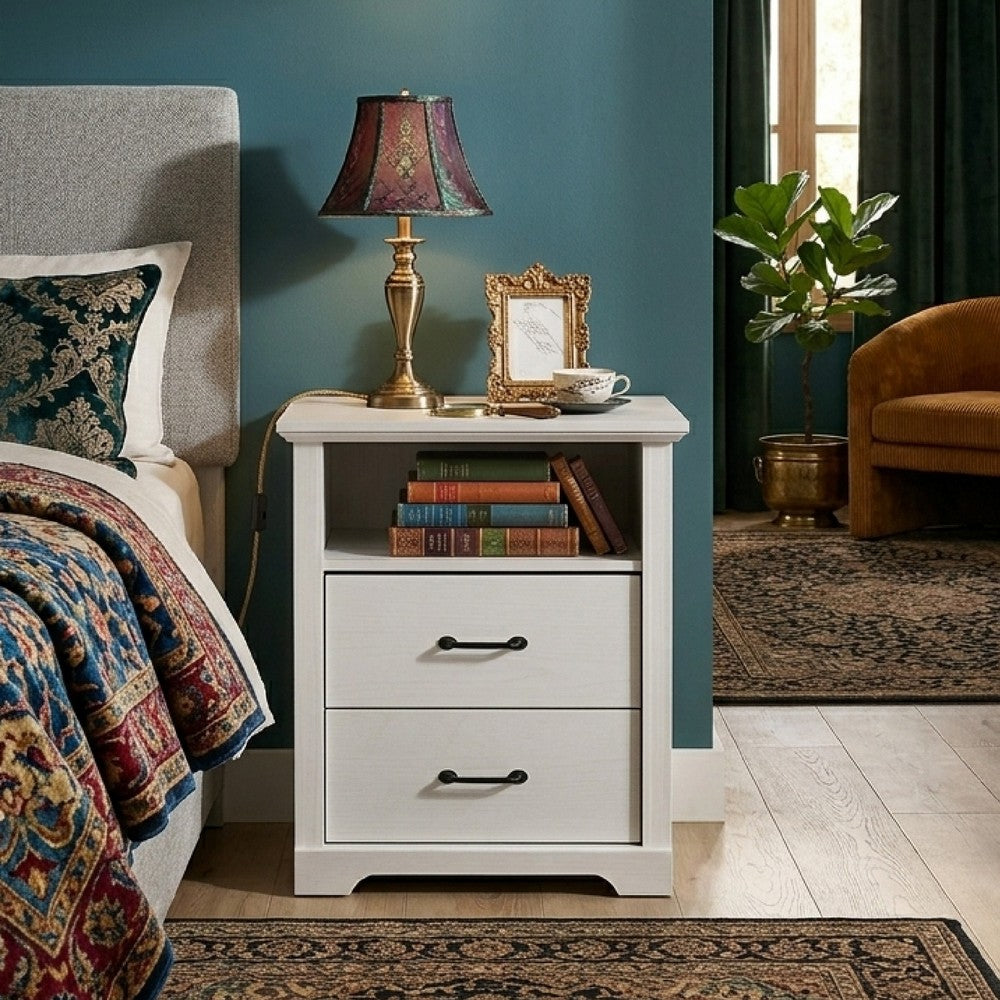 Jori Bedside Nightstand, 2 Drawers, USB Ports, 1 Open Shelf, White - BM352204