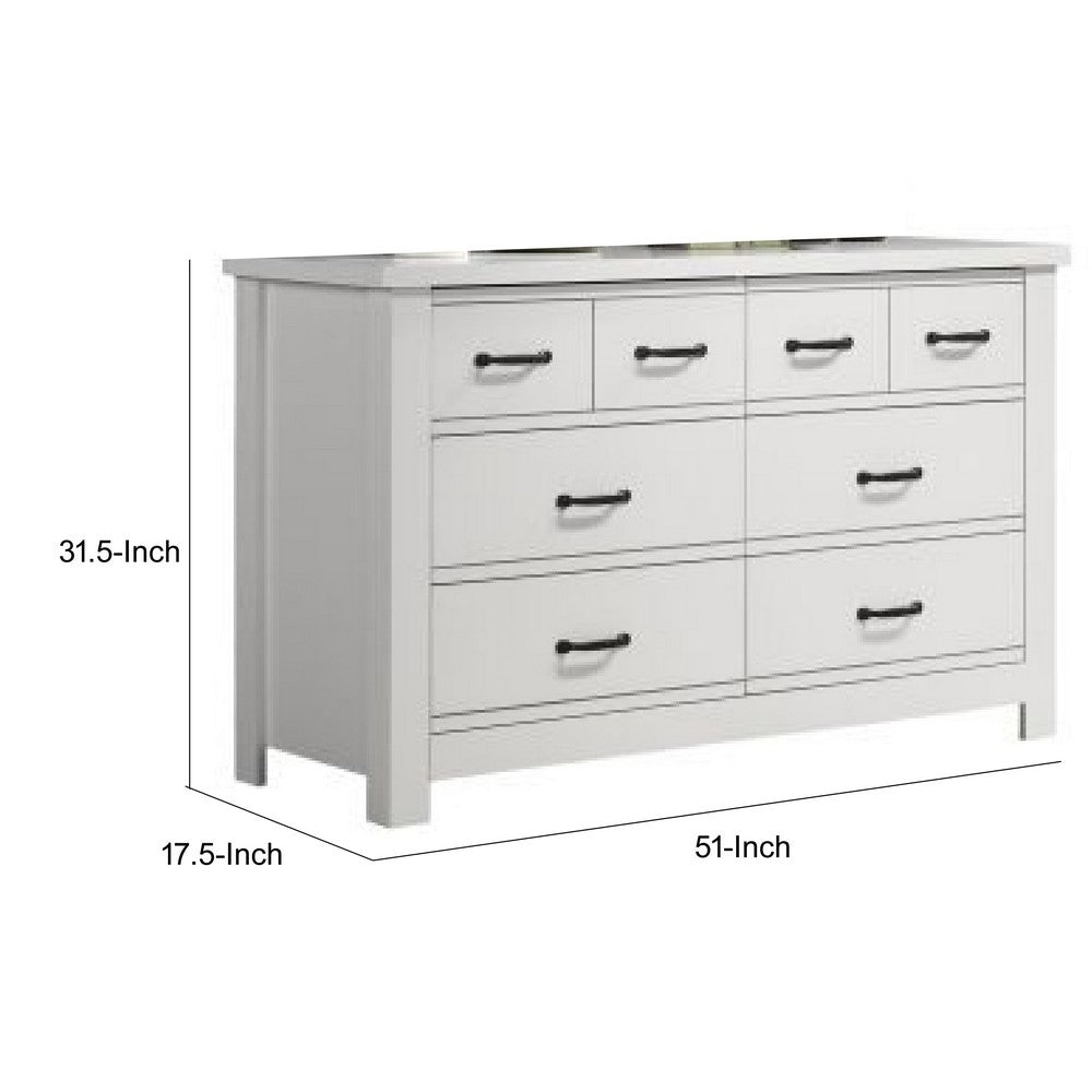 Nori 51 Inch Wide Dresser, 6 Drawers with Split Top, Black Handles, White - BM352205