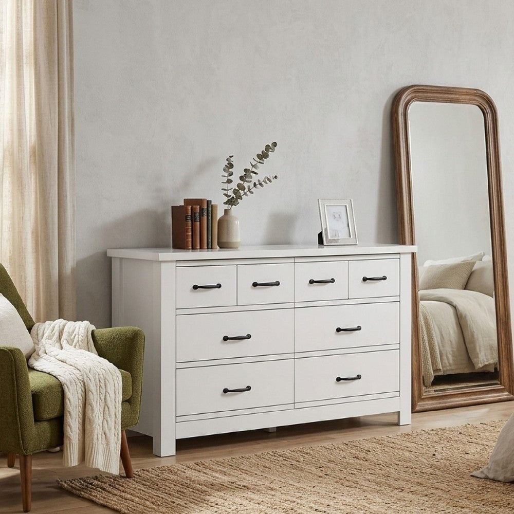 Nori 51 Inch Wide Dresser, 6 Drawers with Split Top, Black Handles, White - BM352205