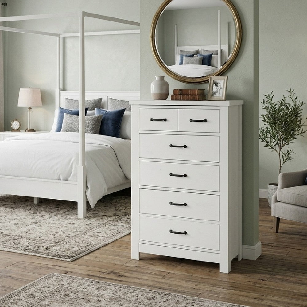 Nori Tall Dresser Chest, 5 Drawers with Split Top, Black Handles, White - BM352206