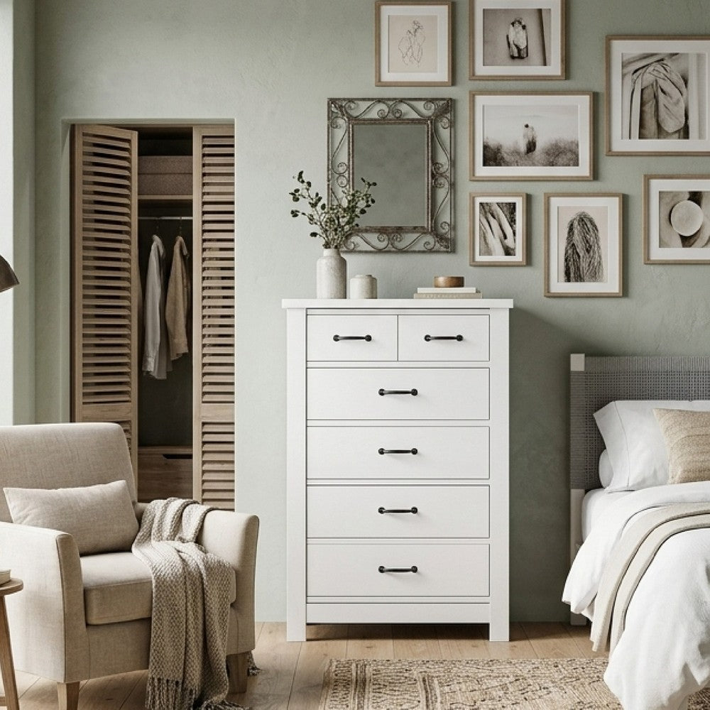 Nori Tall Dresser Chest, 5 Drawers with Split Top, Black Handles, White - BM352206