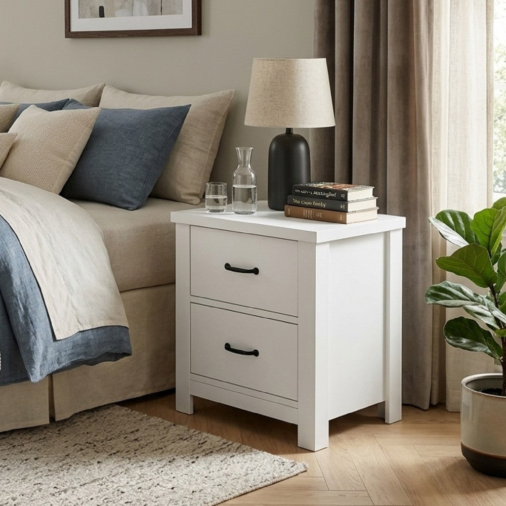 Nori Bedside Low Nightside, 2 Drawers with Black Metal Handles, White - BM352207