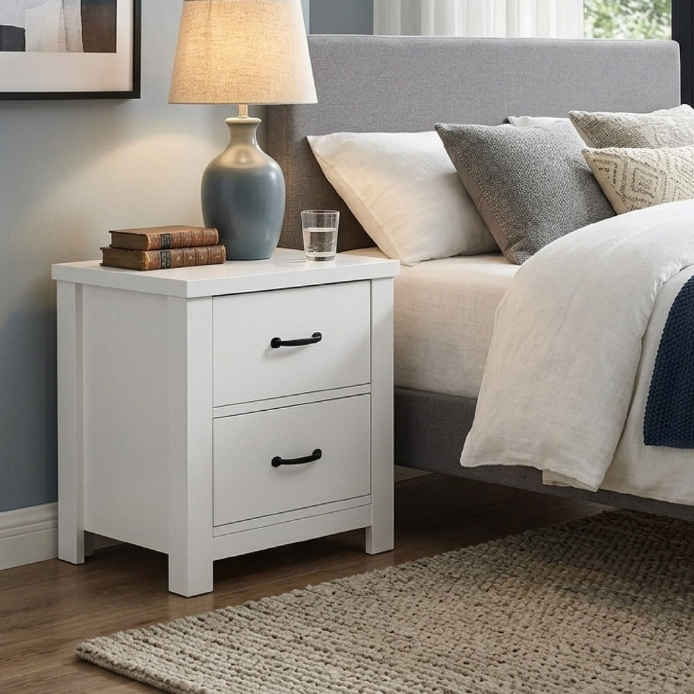 Nori Bedside Low Nightside, 2 Drawers with Black Metal Handles, White - BM352207