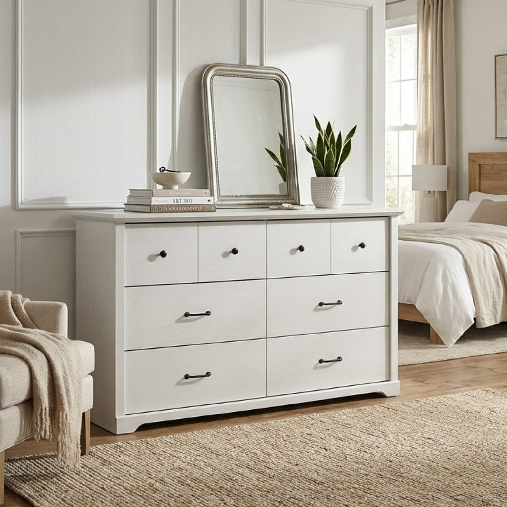 Jori Wide Dresser, 6 Drawers with Split Top, Black Handles, White - BM352208