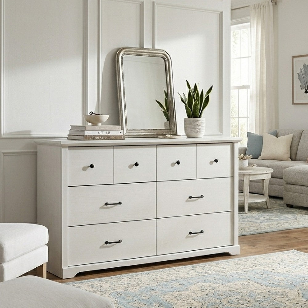 Jori Wide Dresser, 6 Drawers with Split Top, Black Handles, White - BM352208