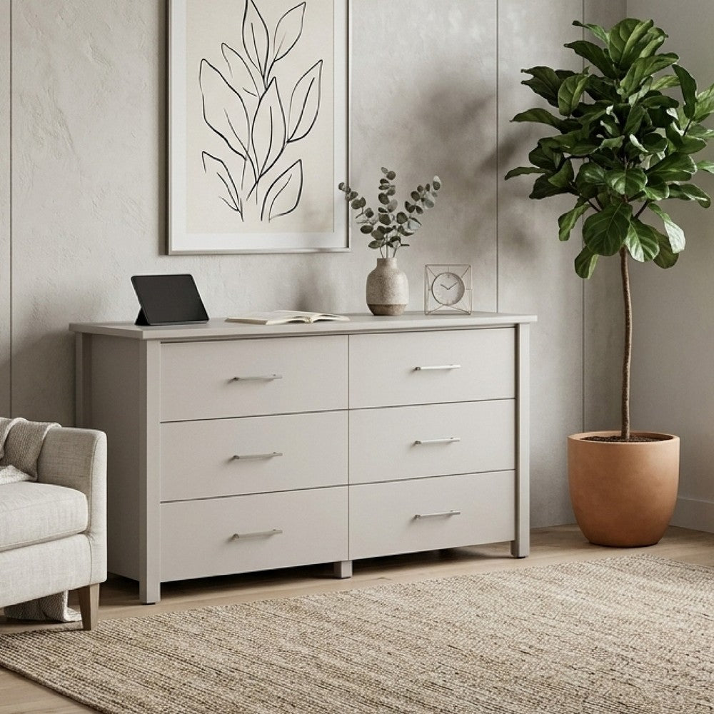 Kori Wide Dresser, 6 Drawers with Silver Bar Handles, White - BM352209