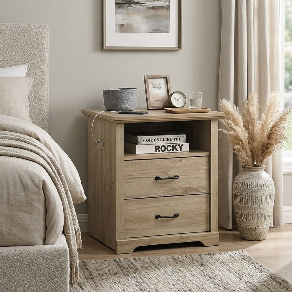 Jori Bedside Nightstand, 2 Drawers, USB Ports, 1 Open Shelf, Oak Brown - BM352210