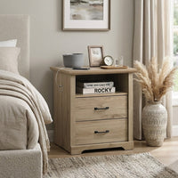 Jori Bedside Nightstand, 2 Drawers, USB Ports, 1 Open Shelf, Oak Brown - BM352210