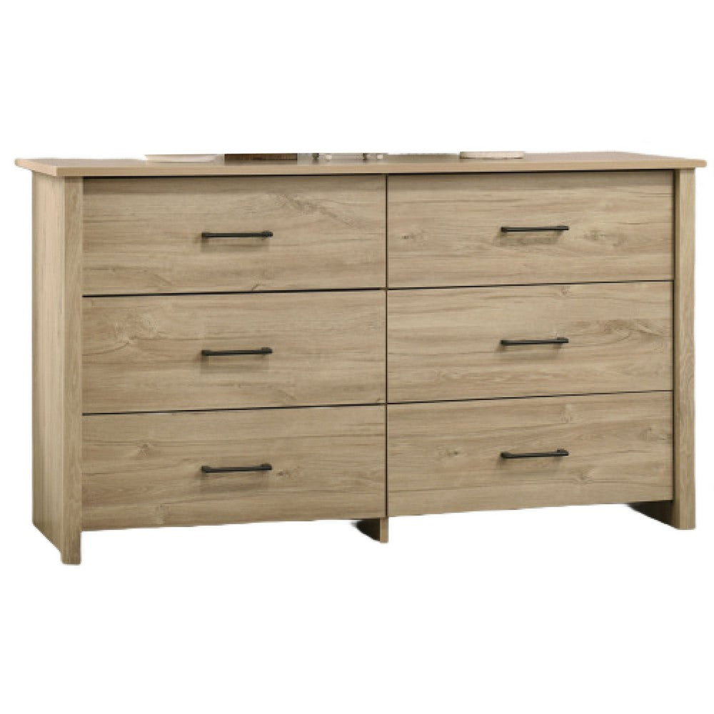 Kori Wide Dresser, 6 Drawers with Black Handles, Light Oak Brown - BM352211