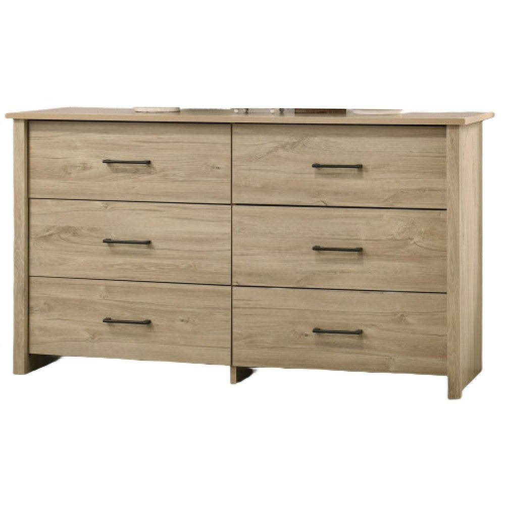Kori Wide Dresser, 6 Drawers with Black Handles, Light Oak Brown - BM352211