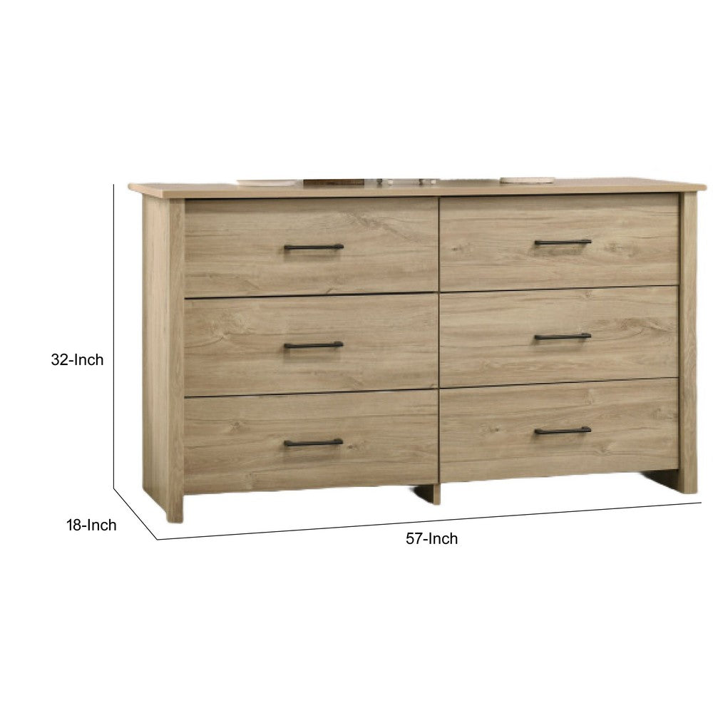 Kori Wide Dresser, 6 Drawers with Black Handles, Light Oak Brown - BM352211