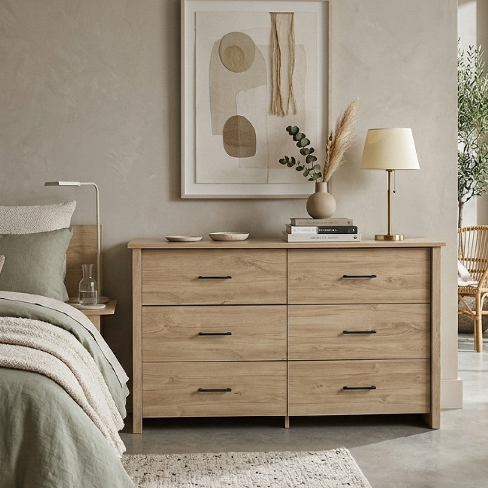 Kori Wide Dresser, 6 Drawers with Black Handles, Light Oak Brown - BM352211