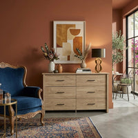 Kori Wide Dresser, 6 Drawers with Black Handles, Light Oak Brown - BM352211