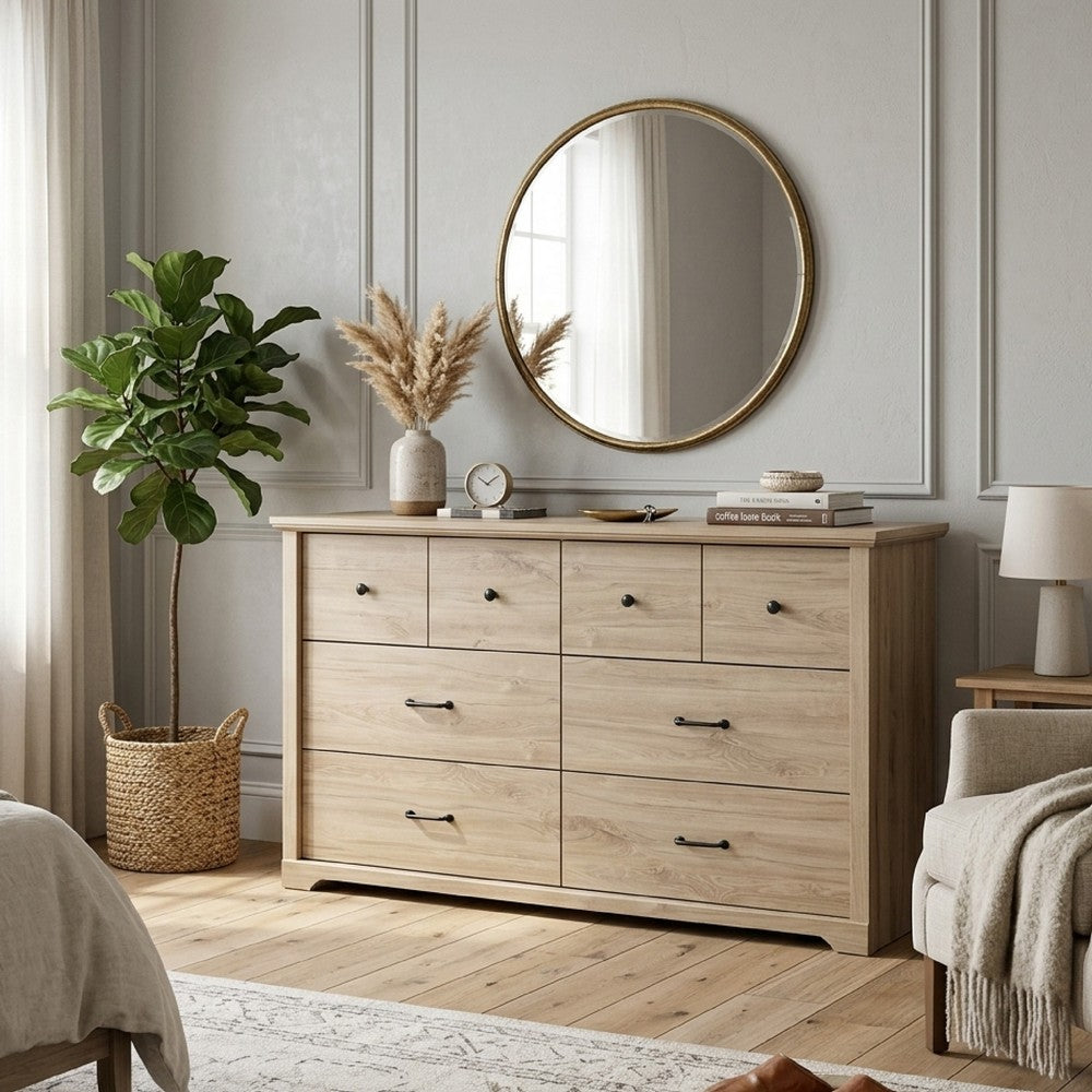 Jori Wide Dresser, 6 Drawers with Split Top, Black Handles, Oak Brown - BM352212