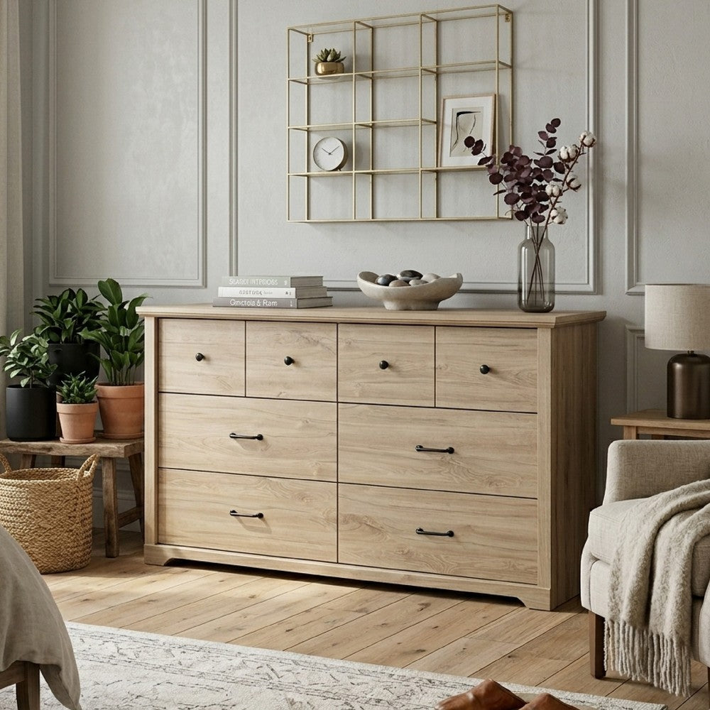Jori Wide Dresser, 6 Drawers with Split Top, Black Handles, Oak Brown - BM352212