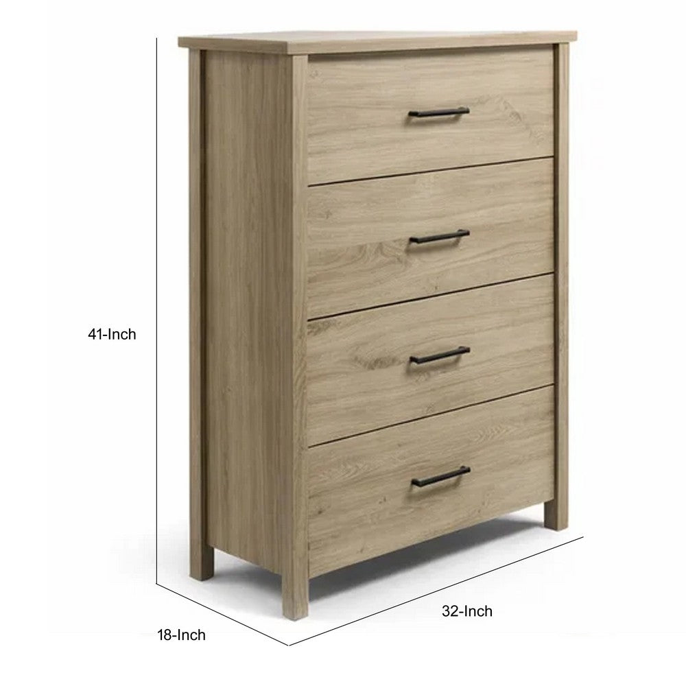 Kori Tall Dresser Chest, 4 Drawers with Black Handles, Light Oak Brown - BM352213