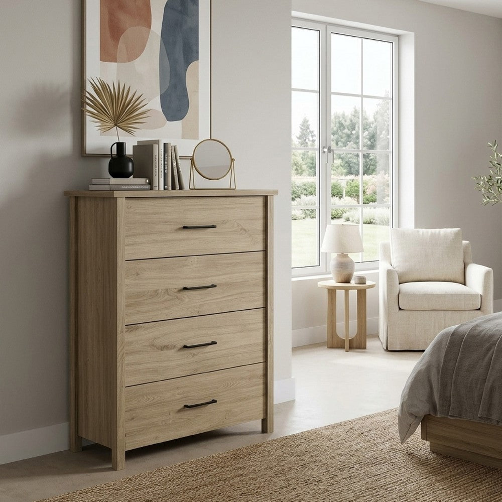 Kori Tall Dresser Chest, 4 Drawers with Black Handles, Light Oak Brown - BM352213