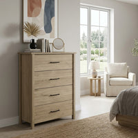 Kori Tall Dresser Chest, 4 Drawers with Black Handles, Light Oak Brown - BM352213
