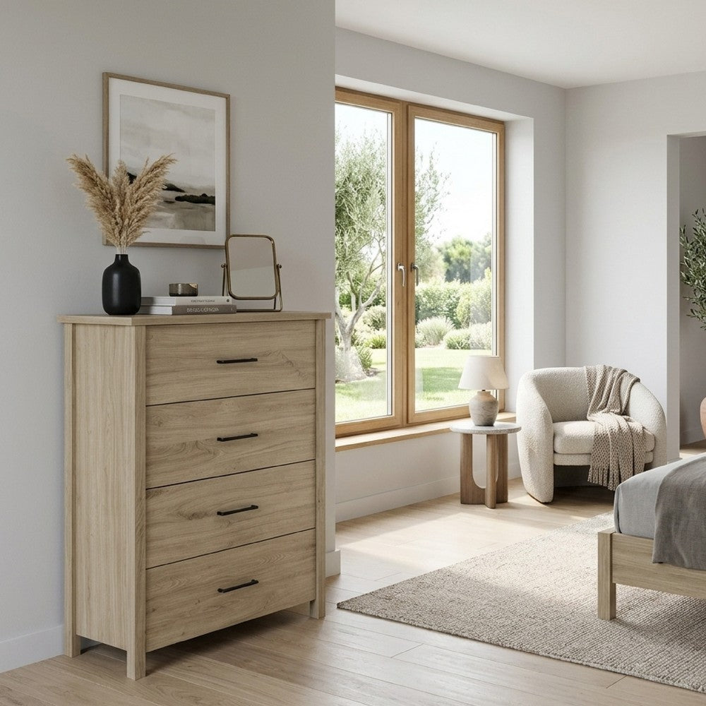Kori Tall Dresser Chest, 4 Drawers with Black Handles, Light Oak Brown - BM352213