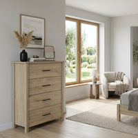 Kori Tall Dresser Chest, 4 Drawers with Black Handles, Light Oak Brown - BM352213