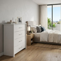 Kori Tall Dresser Chest, 4 Drawers with Silver Bar Handles, White - BM352214
