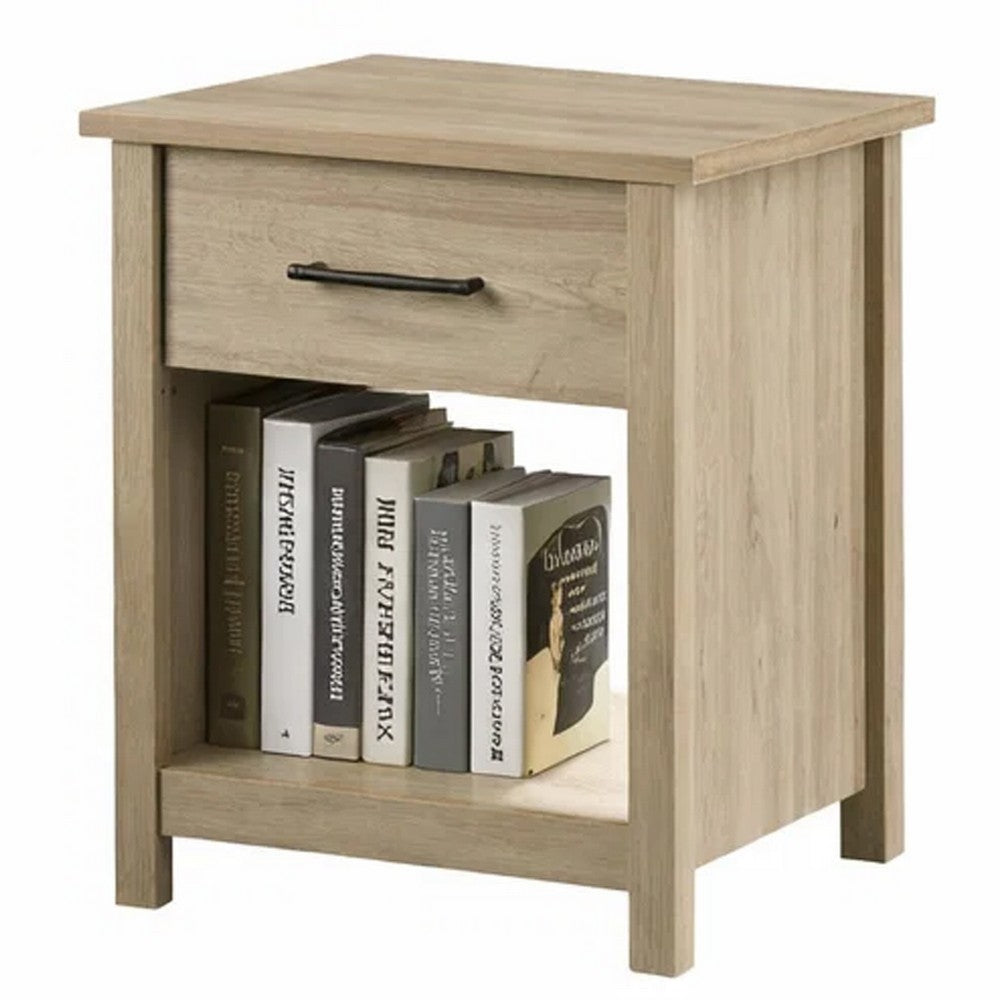 Kori Nightstand, 1 Drawer and Open Shelf, Black Pulls, Oak Brown - BM352215