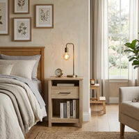 Kori Nightstand, 1 Drawer and Open Shelf, Black Pulls, Oak Brown - BM352215