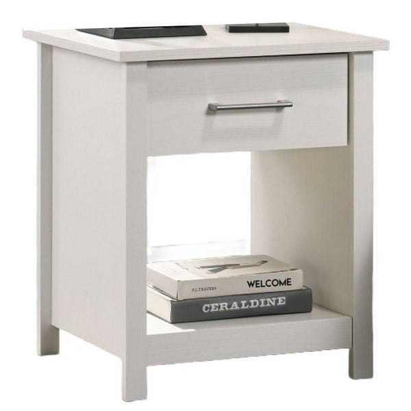 Kori Nightstand, 1 Drawer and Open Shelf, Silver Pulls, White - BM352216