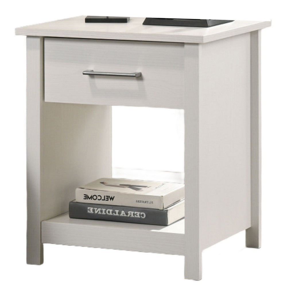 Kori Nightstand, 1 Drawer and Open Shelf, Silver Pulls, White - BM352216