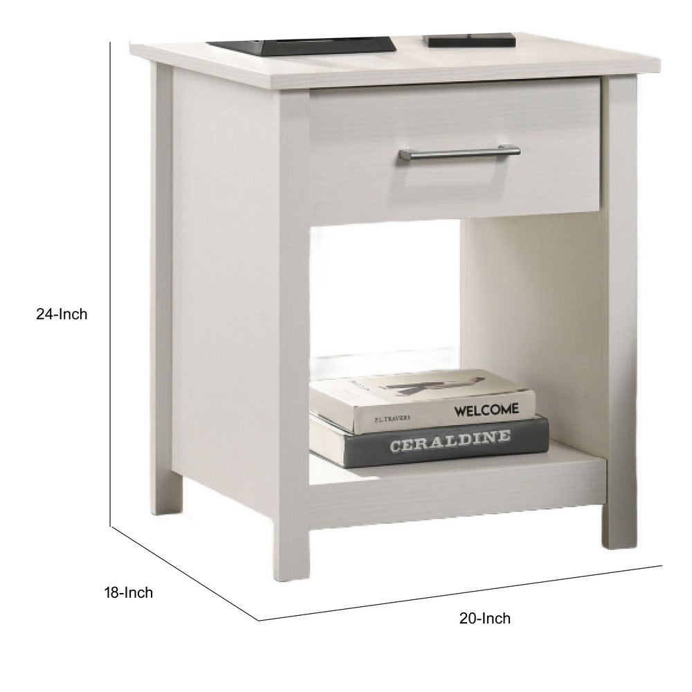 Kori Nightstand, 1 Drawer and Open Shelf, Silver Pulls, White - BM352216
