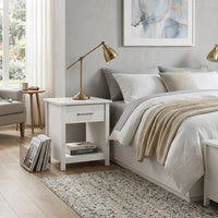 Kori Nightstand, 1 Drawer and Open Shelf, Silver Pulls, White - BM352216