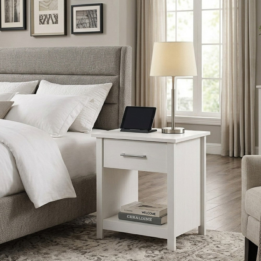 Kori Nightstand, 1 Drawer and Open Shelf, Silver Pulls, White - BM352216