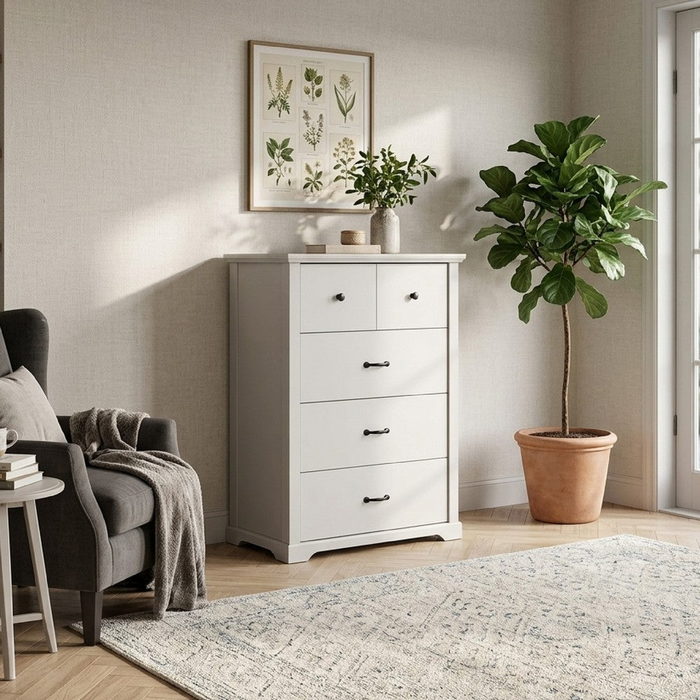 Jori Tall Dresser Chest, 4 Drawers with Split Top, Black Handles, White - BM352217