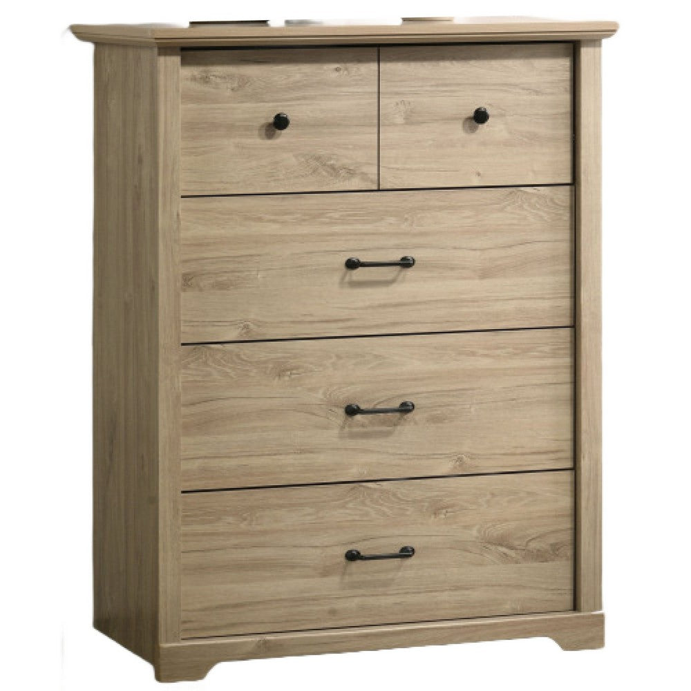 Jori Tall Dresser Chest, 4 Drawers, Split Top, Black Handles, Oak Brown - BM352218