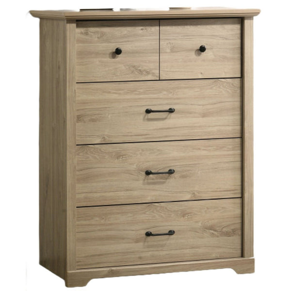 Jori Tall Dresser Chest, 4 Drawers, Split Top, Black Handles, Oak Brown - BM352218