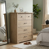 Jori Tall Dresser Chest, 4 Drawers, Split Top, Black Handles, Oak Brown - BM352218