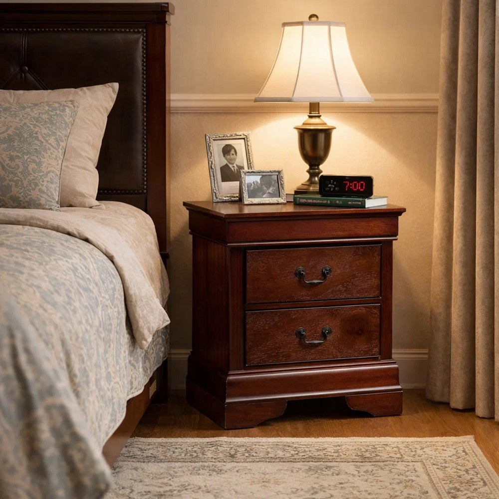 Lezy Nightstand, 2 Drawers, Nickel Pulls, Louis Philippe Cherry Brown