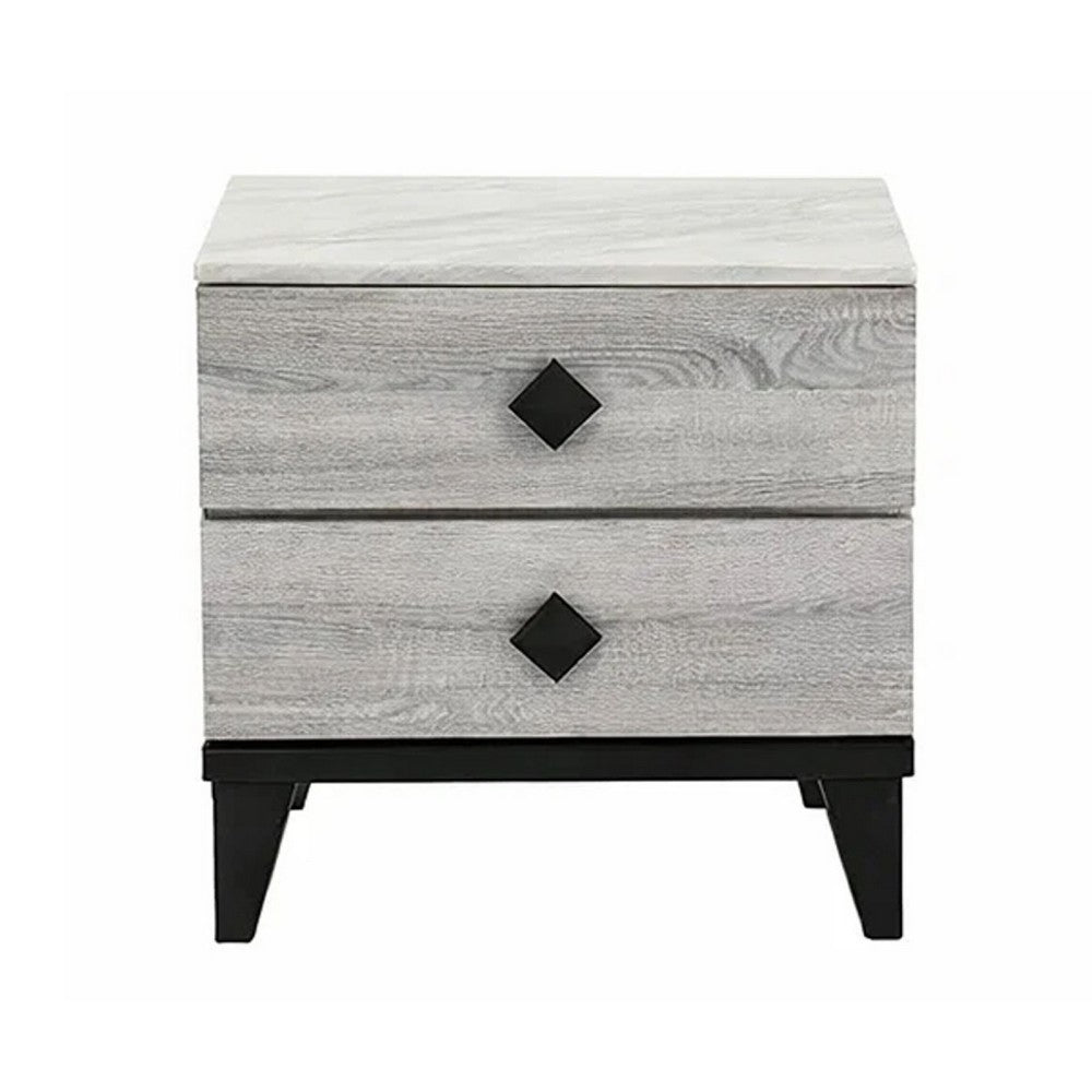 Bedside Nightstand, 2 Drawers, Black Diamond Knobs, Textured Cream