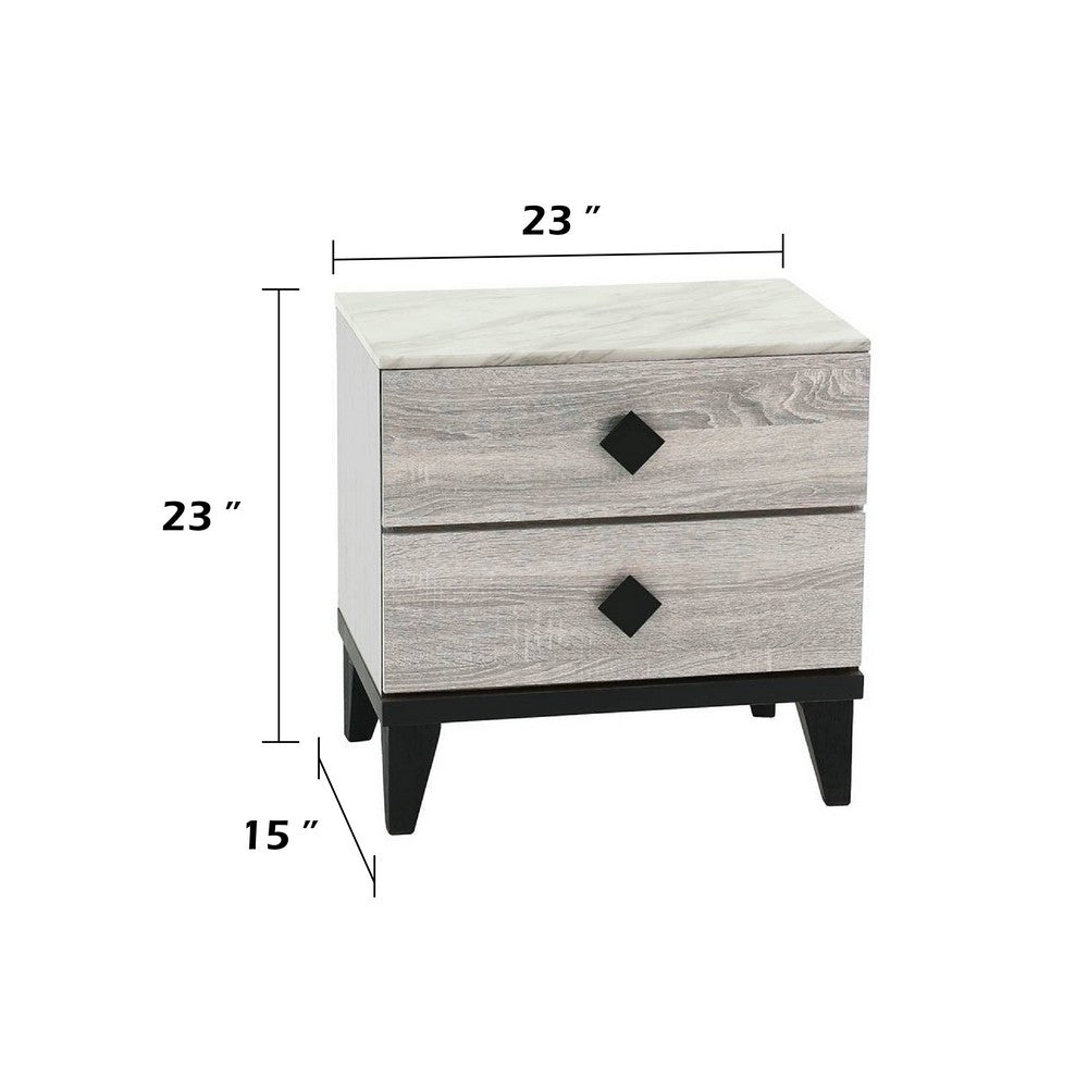 Bedside Nightstand, 2 Drawers, Black Diamond Knobs, Textured Cream
