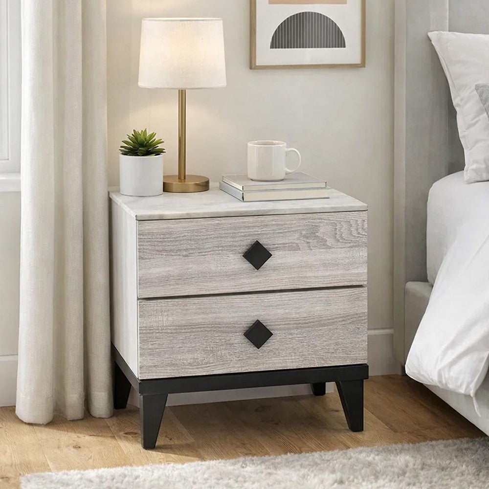 Bedside Nightstand, 2 Drawers, Black Diamond Knobs, Textured Cream
