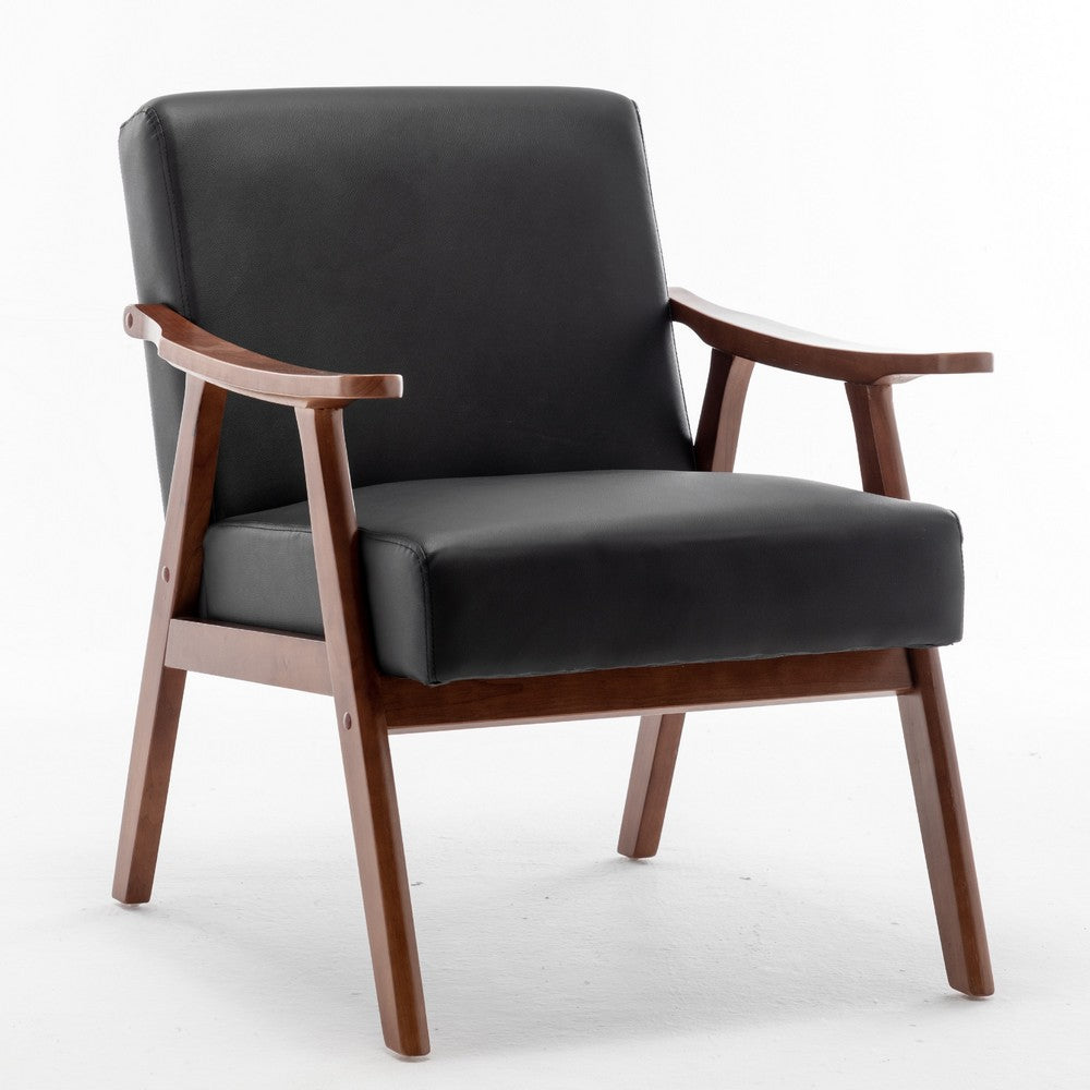 Ryno Mid-Century Accent Chair, Natural Wood Frame, Black Faux Leather