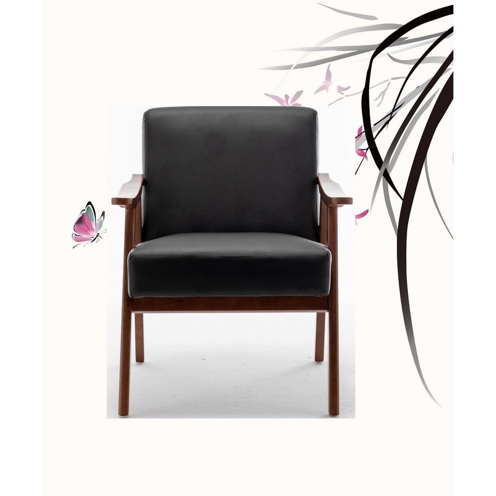 Ryno Mid-Century Accent Chair, Natural Wood Frame, Black Faux Leather
