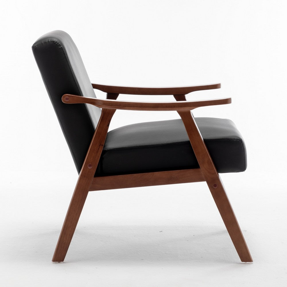 Ryno Mid-Century Accent Chair, Natural Wood Frame, Black Faux Leather