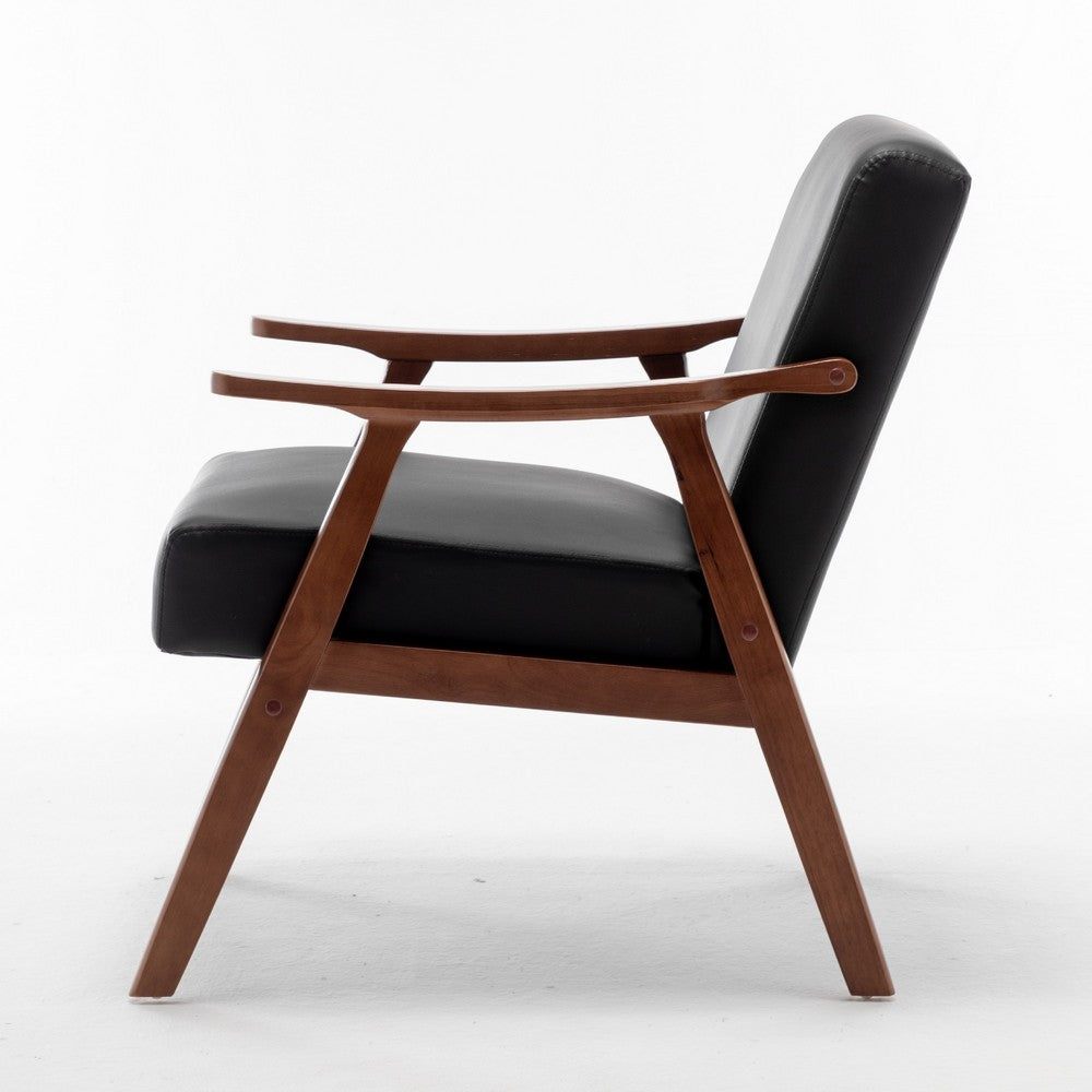 Ryno Mid-Century Accent Chair, Natural Wood Frame, Black Faux Leather