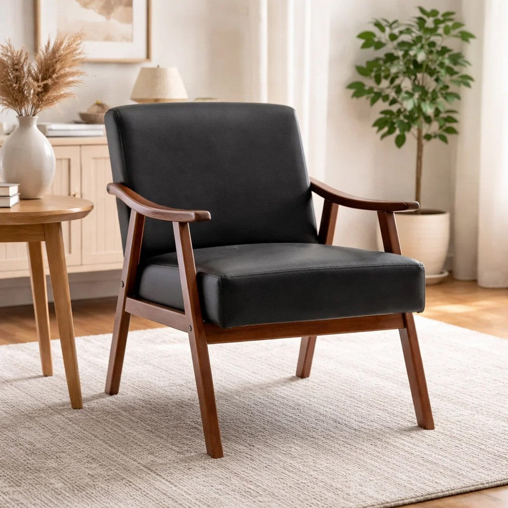 Ryno Mid-Century Accent Chair, Natural Wood Frame, Black Faux Leather