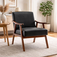 Ryno Mid-Century Accent Chair, Natural Wood Frame, Black Faux Leather
